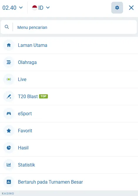Menu 1xBet Mobile